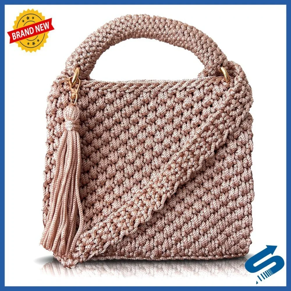 Handmade Crochet Shoulder Bag Boho Knit Crossbody Purse with Tassel Lightweight